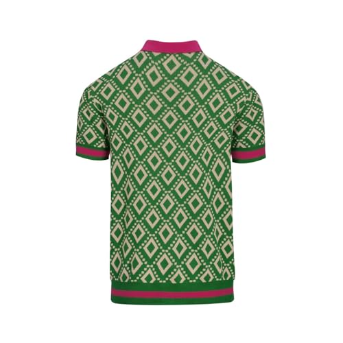 OXKNIT Men's Knit Short Sleeve Shirts Button Down 1960s Vintage Diamond Pattern Knitted Polo Shirt Green Cotton Polo