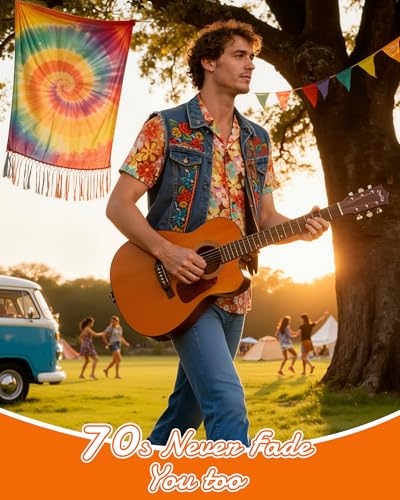 Zando Retro 70s Shirts for Men - Short Sleeve Button Down Casual Hippie Disco Outfit Top for Halloween Themed Party Prom Beach, Comfotable Quick Dry Funny Hawaiian Shirt (Orange Flower Large)