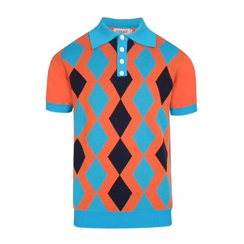 OXKNIT Retro Knitted Polo Shirts for Men, 1960s Geometric Pattern Short Sleeve with Quarter Button, Orange Blue