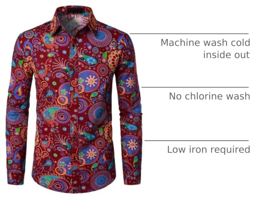 PARKLEES Men's 70s Hippie Vintage Long Sleeve Shirt Burgundy XL