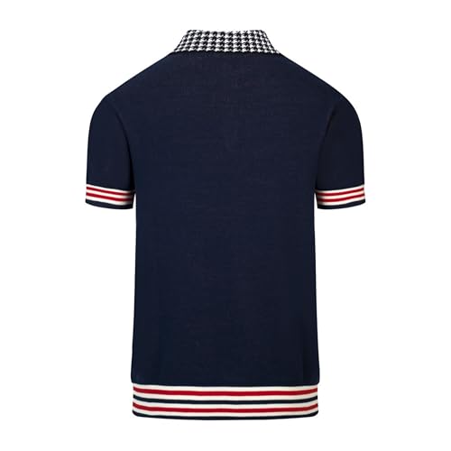 OXKNIT Men's Knit Short Sleeve Shirts 1960s Vintage Floral Pattern Dark Blue Cotton Polo Shirt with Quarter Button