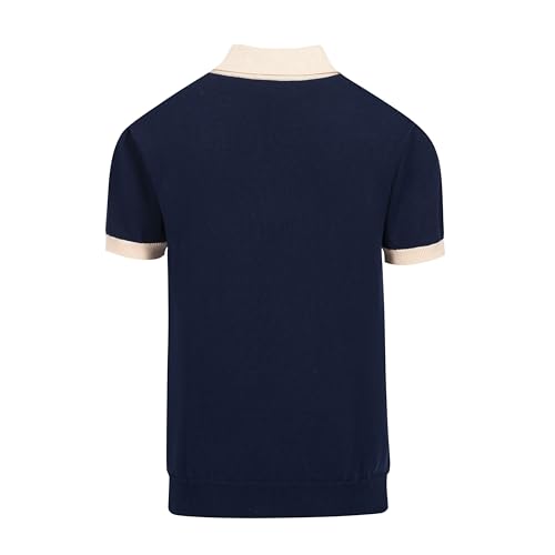 OXKnitstore OXKNIT Mens V-Neck Polo Shirt Knitted Shirt Dark Blue Short Sleeve Golf Shirt with Flower Pattern