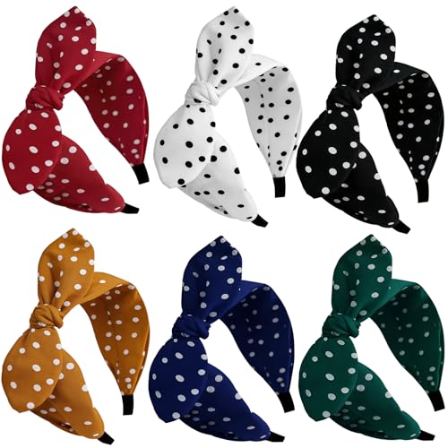 ELLOPH 6Pcs Polka Dot Headbands for Women with Adjustable Bow Classic Rosie The Riveter Headband Wide Knotted Hairband for 1950s Pin Up Outfits Cute Polka Dot Hair Accessories for Daily Workouts