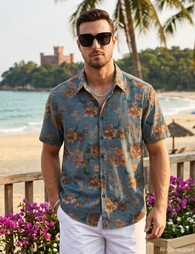 TIXMIE Mens Floral Hawaiian Shirt Short Sleeve Button Down Retro Shirts