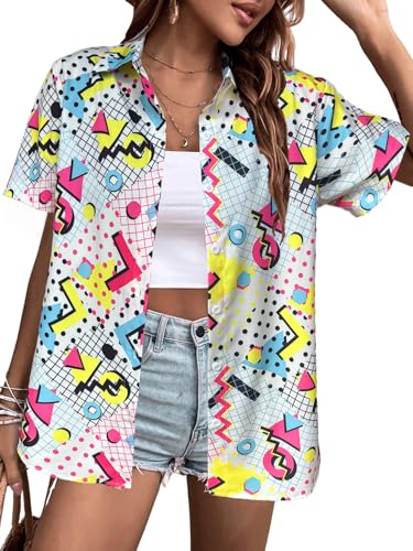 80s 90s Outfits for Women Hawaiian Retro Party Disco Neon Outfits Neon Short Sleeve Button Down Blouse Tops B White M