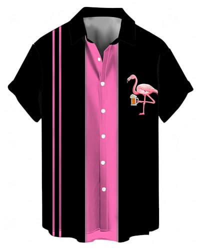 Bowling Shirts for Men Vintage Flamingo Beer Print Short Sleeve Casual Button Down Beach Shirts