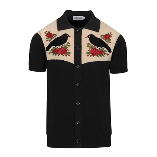 OXKNIT Men's Knit Short Sleeve Shirts Button Down Vintage Embroidery Bird and Flower Pattern Black Polo Shirt Knitwear
