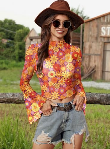 Women's Halloween Bell Sleeve Hippie 60s 70s Mock Neck Shirt Boho Party Retro Crop Top Renaissance S