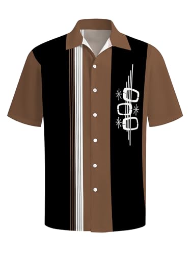Generic Men's Vintage Bowling Shirts Short Sleeve Vintage Casual Printed Summer Beach Short Sleeve Button Down Shirt, Large, 0407 Brown