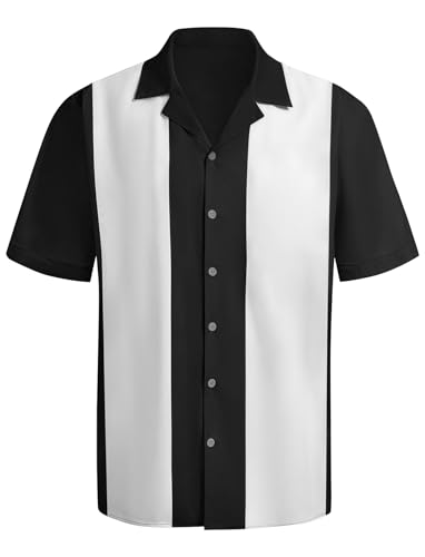 Men's Vintage Bowling Shirts 1950s Retro Short Sleeve Outfits Button Down Summer Cuban Beach Shirt White