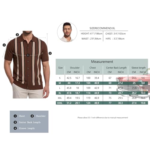 Mens Vintage Knit Shirts – 70s Short Sleeve Polo Shirts for Men – Retro Knit Button Down Shirt – Old Money Clothes Men Coffee Brown