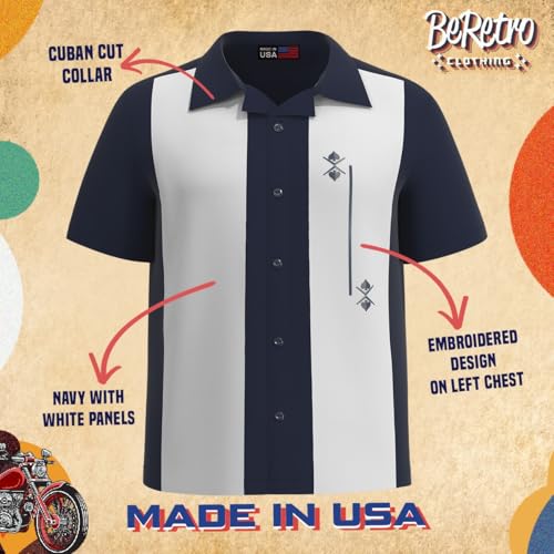 USA Made Lucky Paradise Mens Camp Shirt, Gauyabera Vintage Cuban Style Bowling Shirt Navy, White Button Up Retro Blue Ice