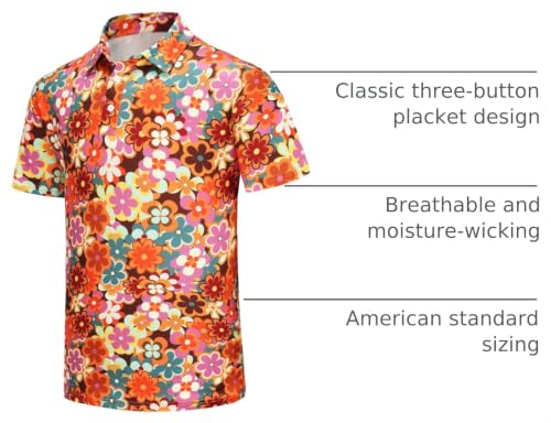 70s Outfits for Men Short Sleeve Mens 70s Disco Hippie Floral Shirt Retro Costume Funny Golf Polo Shirts for Men