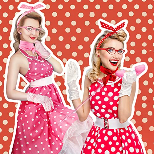 Toulite 20 Pcs 50s Women Costume Accessories Set Includes Cat Eye Glasses Chiffon Scarf Polka Dot Bandana Tie Headband Dot Earrings Gloves for Halloween Party
