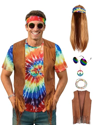 Treature Hippie Costume for Men 60s 70s - Tie Dye Shirt with Fringe Vest & Wig Set, Retro Outfit Complete with Headband for Carnival (7pcs Set, XL)