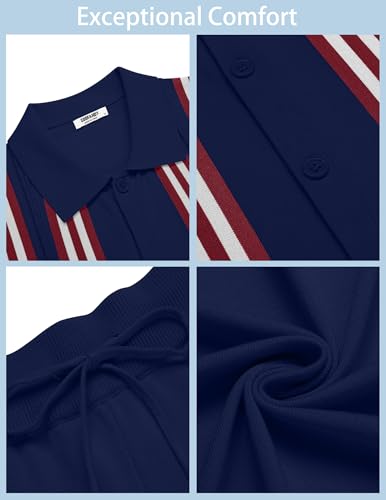 COOFANDY Men's 2 Piece Shirt Sets Vintage Knit Short Sleeve Button Down Polo Shirts Summer Beach Shorts Outfits