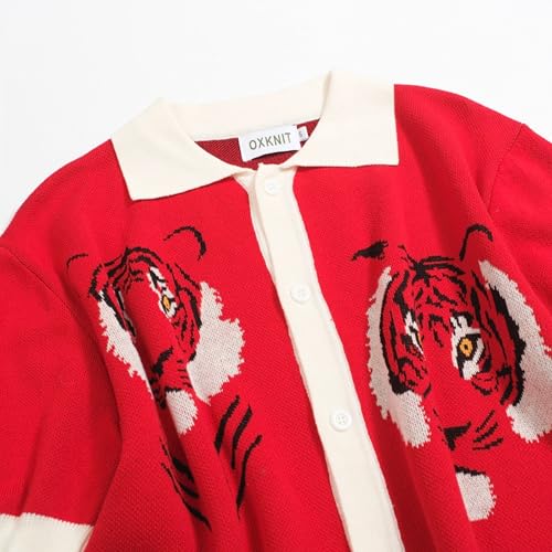 OXKNIT Men's Knitted Vintage Polo Shirt, 1960s Mod Style Retro Polo Animal Pattern Shirt Cardigan with Button, Red
