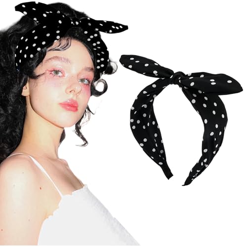 Aushamtai Black Polka Dot Headband for Women Girls Cute Bunny Ears Knotted Bandana Hairband Black Polka Dot Bow Headbands for Women Fashion Vintage 1950s Hair Accessories Costume