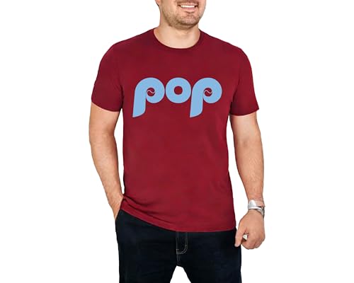 Pop Dad Baseball T-Shirt, Men's Baseball Spring Training Shirt, Retro "Pop" Dad T-Shirt, Christmas T-Shirt, Fathers Day Gift, Fun Gift for Grandpa or Husband (Cardinal / Baby Blue Print, Adult Unisex Shirt / XL)