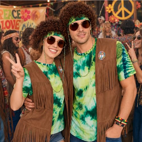 APHBPT 70s Outfits for Men - 10 Pcs Hippie Costume with Tie Dye Shirt, Fringe Vest & Accessories,60s/70s Retro Party Clothes (Green, 2XL)