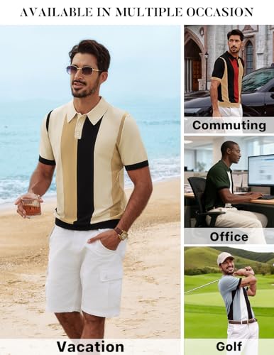PJ PAUL JONES Knit Polo Shirts for Men Short Sleeve Retro Stripe Polo 70s Casual Golf Shirt Summer Beach Tops Green M