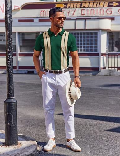 COOFANDY Mens Polo Shirts Striped Vintage Knit Polo Shirt Short Sleeve Old Money Clothes Retro Golf T Shirts
