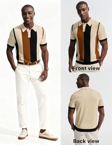 PJ PAUL JONES Mens Polo Shirts Short Sleeve Vintage Knit Polo Casual Collared Business Dress Shirt Apricot L