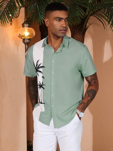 YKR Mens Hawaiian Shirts Short Sleeve Button Down Bowling Shirts Retro Summer Tropical Beach Casual Dress Shirt for Men LightGreen S