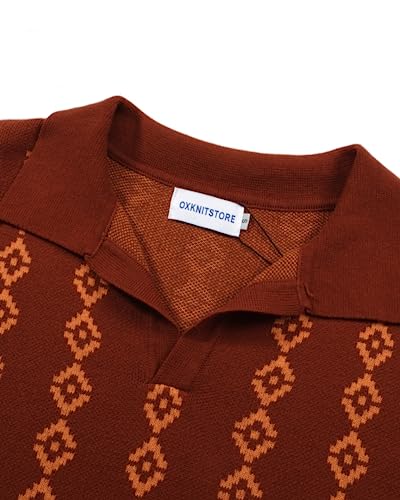OXKNIT Men's Dark Brown Knit Polo Shirt 1960s Mod Style Vintage Shirts V-Neck Golf Polo T Shirts