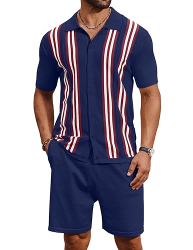 COOFANDY Men's 2 Piece Shirt Sets Vintage Knit Short Sleeve Button Down Polo Shirts Summer Beach Shorts Outfits