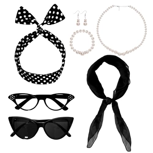 Fumwase 7PCS 1950s Costume Accessories for Women Cat Eye Glasses Hair Accessories Earring Bracelet Necklace Scarf for Halloween (Black)