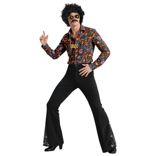BONGZUO 70s Outfits for Men 6 Pcs Disco Costume with Bell Bottom Pants(Z3737STBK,XL)