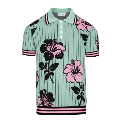OXKNIT Men's Knit Short Sleeve Shirts Retro Pink Floral Pattern and Stripes Green Cotton Polo Shirt with Quarter Button