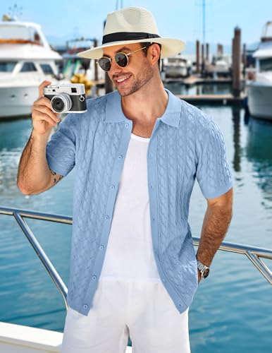COOFANDY Casual Mens Woven Knit Shirt Short Sleeve Retro 70S Polo Shirts