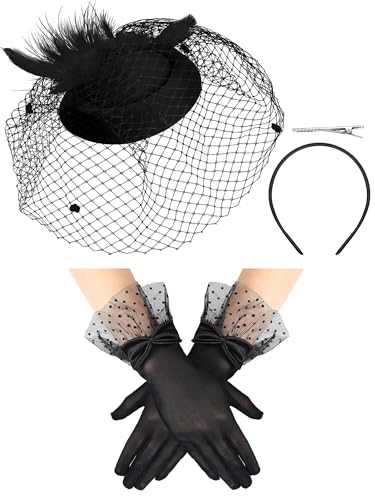 Geyoga 50s Fascinators Hat for Women 20s Feather Pillbox Hair Clip Funeral Tea Party first communion Headpiece and Lace Glove(Black)