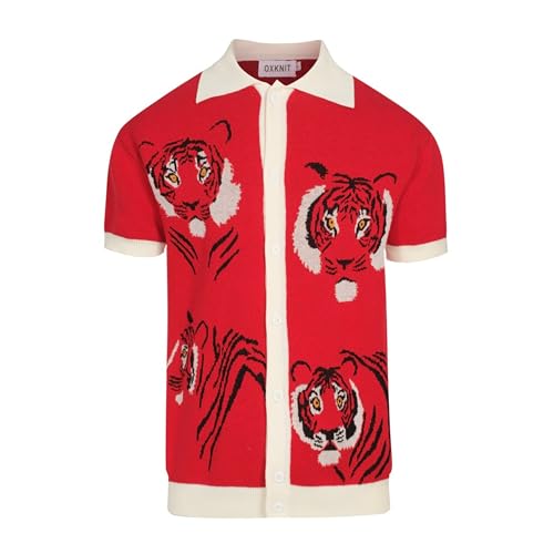 OXKNIT Men's Knitted Vintage Polo Shirt, 1960s Mod Style Retro Polo Animal Pattern Shirt Cardigan with Button, Red