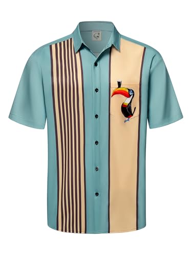 Hardaddy Men's Vintage Bowling Shirt Short Sleeve Button Down Hawaiian Summer Beach Printed Casual Shirts Coffer Green XL