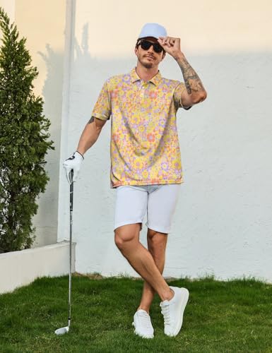 70s Flowers Polo Shirt for Men 70s Golf Shirts Short Sleeve Golf Polos Shirts Retro Floral Shirt 2XL
