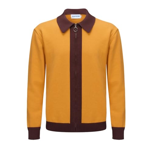 OXKNIT Men's Knit Polo Shirts Full Zip 1960s Style Retro Long Sleeve Cotton Yellow Cardigan Sweater