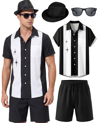 WILDPARTY Men's Matching Set, 1950s Retro Bowling Shirt and Shorts With Hat Glasses Vacation Beach Party Outfit Summer