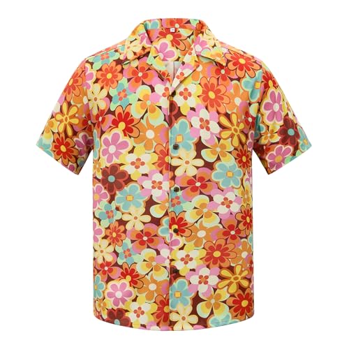 Zando Retro 70s Shirts for Men - Short Sleeve Button Down Casual Hippie Disco Outfit Top for Halloween Themed Party Prom Beach, Comfotable Quick Dry Funny Hawaiian Shirt (Orange Flower Large)