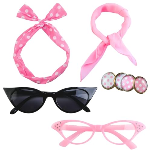 Aneco 6 Pack 50s Costume Set Chiffon Scarf Cat Eye Glasses Bandana Tie Headband Earrings for Women Accessories¡