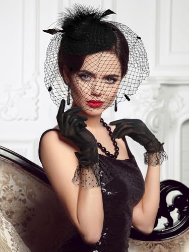 Geyoga 50s Fascinators Hat for Women 20s Feather Pillbox Hair Clip Funeral Tea Party first communion Headpiece and Lace Glove(Black)
