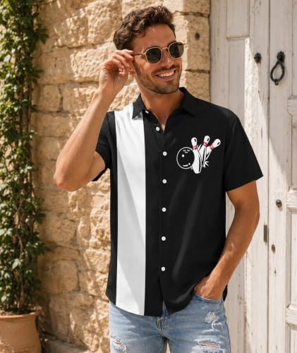 Liantty Bowling Shirt for Men Retro 1950s Button Down Shirts Black L