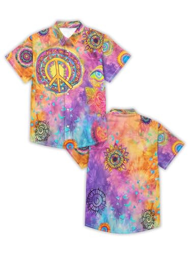 Tie Dye Hippie Shirts for Men Retro Vintage 60s 70s Peace Sign Funny Hawaiian Short Sleeve Button Down Shirts Rainbow