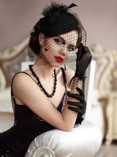 Geyoga 50s Fascinators Hat for Women 20s Feather Pillbox Hair Clip Funeral Tea Party first communion Headpiece and Lace Glove(Black)