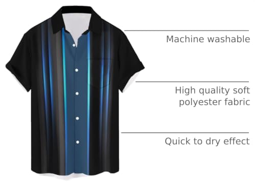 QIVICIMA Men's Big and Tall Retro Bowling Shirt Blue Black Stripe 6XL
