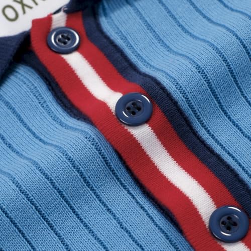 OXKNIT Men's Knit Short Sleeve Shirts 1960s Retro Stripes Knitted Polo Shirt Blue Cotton Polo Shirt with Quarter Button