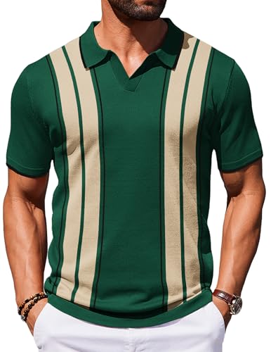 COOFANDY Mens Polo Shirts Striped Vintage Knit Polo Shirt Short Sleeve Old Money Clothes Retro Golf T Shirts