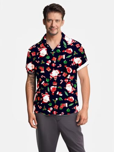 Gwnnb Christmas Bowling Shirts for Men Short Sleeve Regular Fit Retro Casual Button Down Holiday Hawaiian Shirts